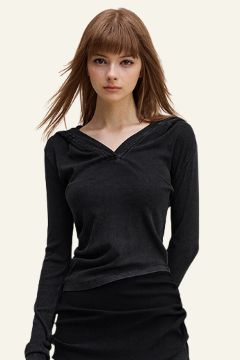Women's Long Sleeve Deep V-Neck Slim Fit Hooded Top