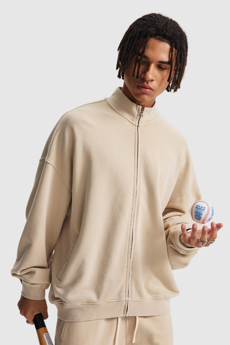 Men's Cotton Streetwear Wax-Dyed Washed Stand Collar Distressed Jacket