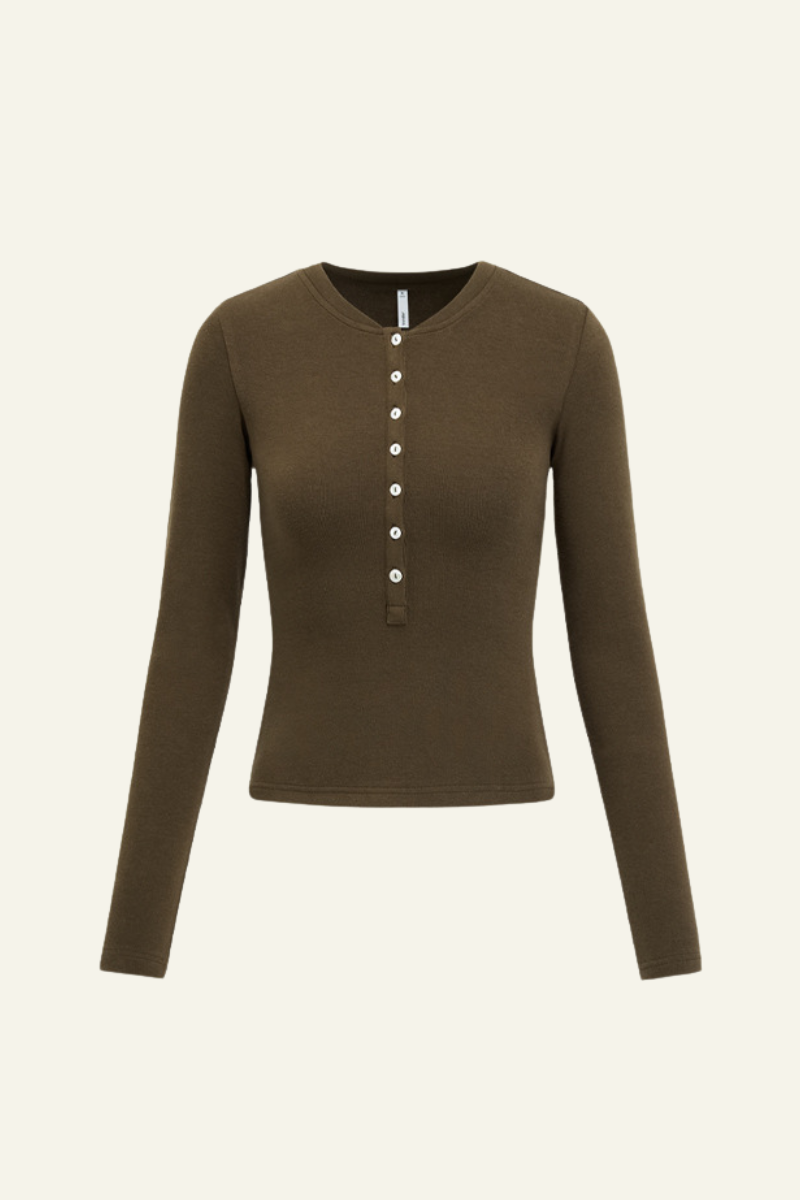 Women's Slim Fit Henley Neck Long Sleee T-shirt