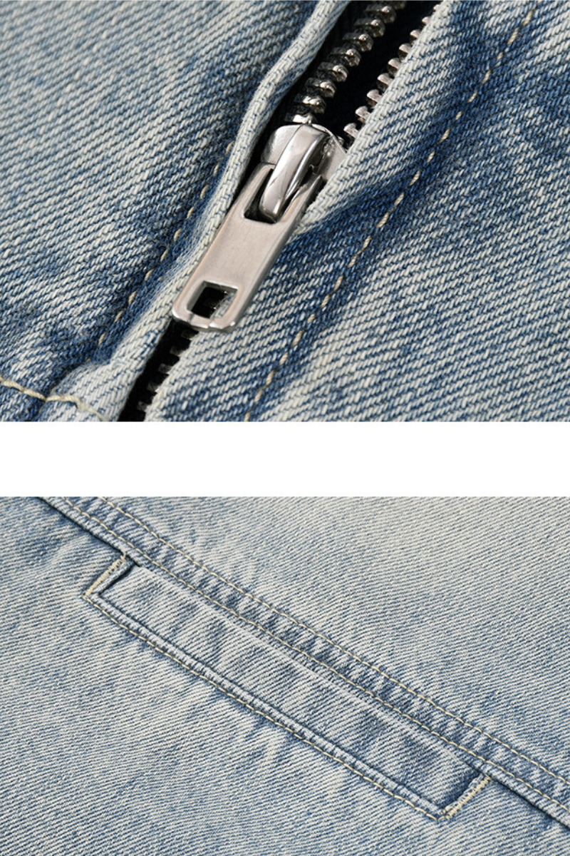 Men's 385g Washed Patchwork Denim StandCollar Zip Jacket