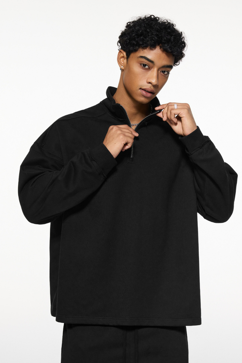 Men's Spring Summer 450g Half Zip Raw Edge Stand Collar Set