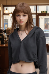 Women's Washed Loose Edged Pleated V-Neck Cotton Hoodie