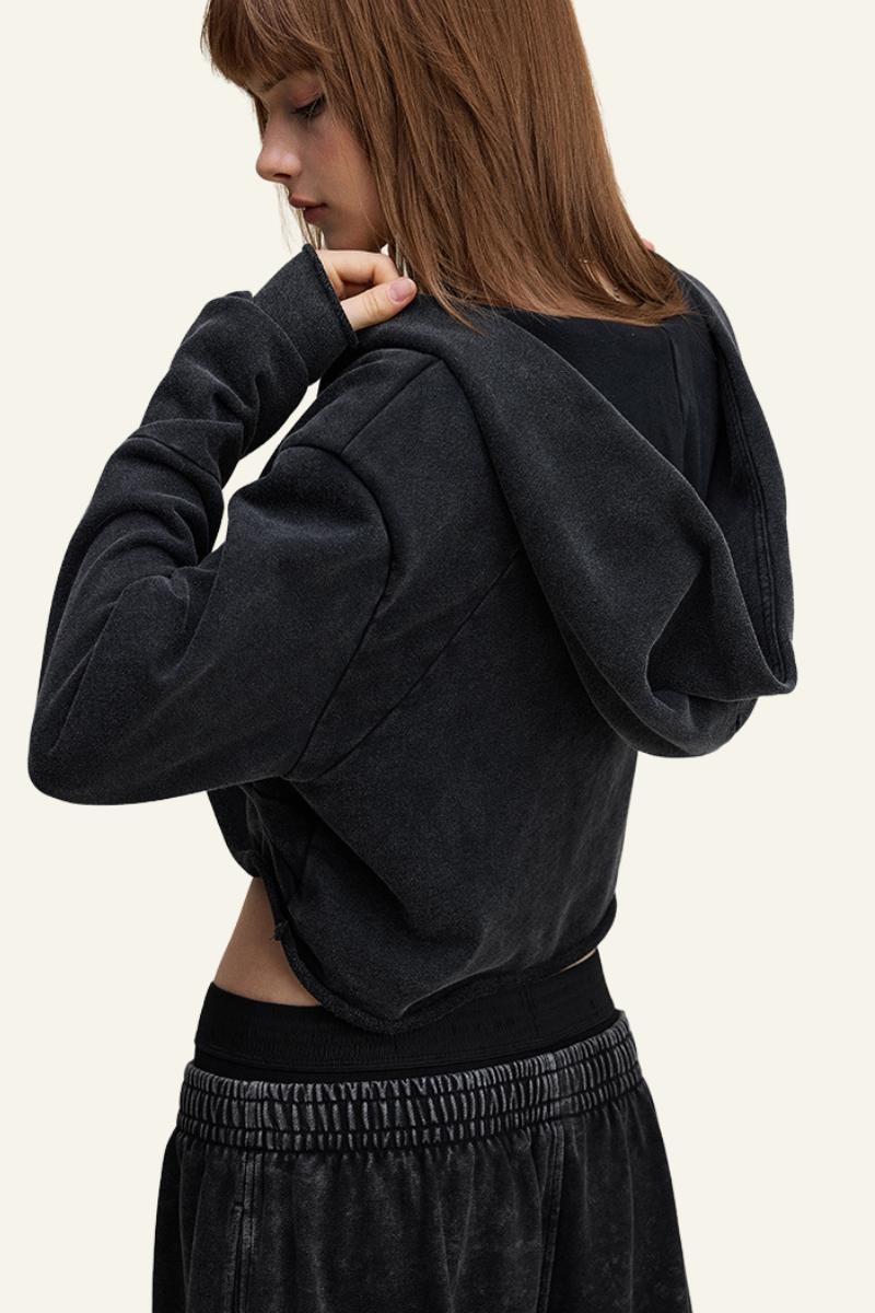 Women's Washed Loose Edged Pleated V-Neck Cotton Hoodie