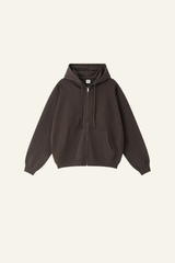 Pure color terry cloth hooded zip-up sweatshirt.