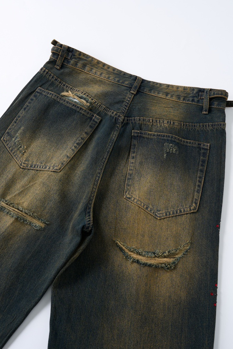 Men's Spring Summer Washed Ripped Red Rhinestone Wide Jeans