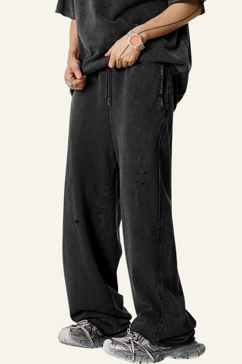 Men's Vintage Washed Frayed Hem Cotton Straight Leg Pants