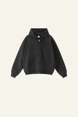 Pure color terry cloth hooded zip-up sweatshirt.