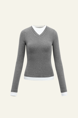 Women V-Neck Layered Long-Sleeve Knit T-Shirt