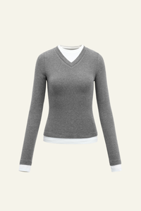 Women V-Neck Layered Long-Sleeve Knit T-Shirt