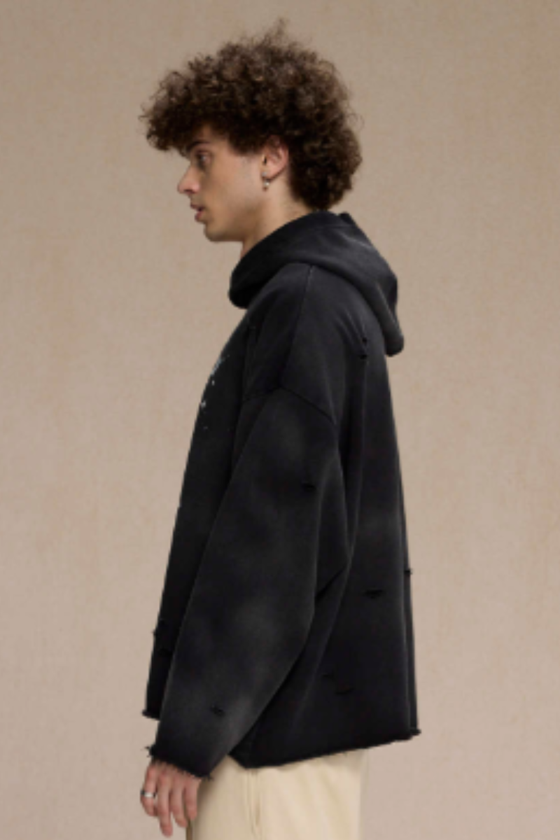 Men's Streetwear Distressed Frayed-Edged Vintage Hoodie