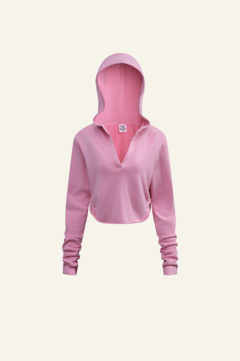 Women's Washed Loose Edged Pleated V-Neck Cotton Hoodie