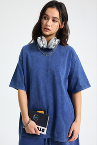 Women's Cotton Streetwear Wax-Dyed Washed Distressed T-shirt