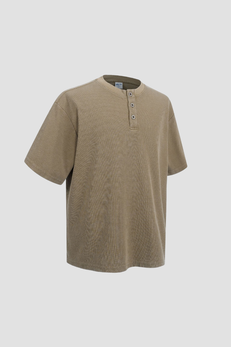 Women's Streetwear Washed Henley Collar Distressed T-shirt
