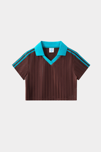 Color-blocked collegiate-style short T-shirt