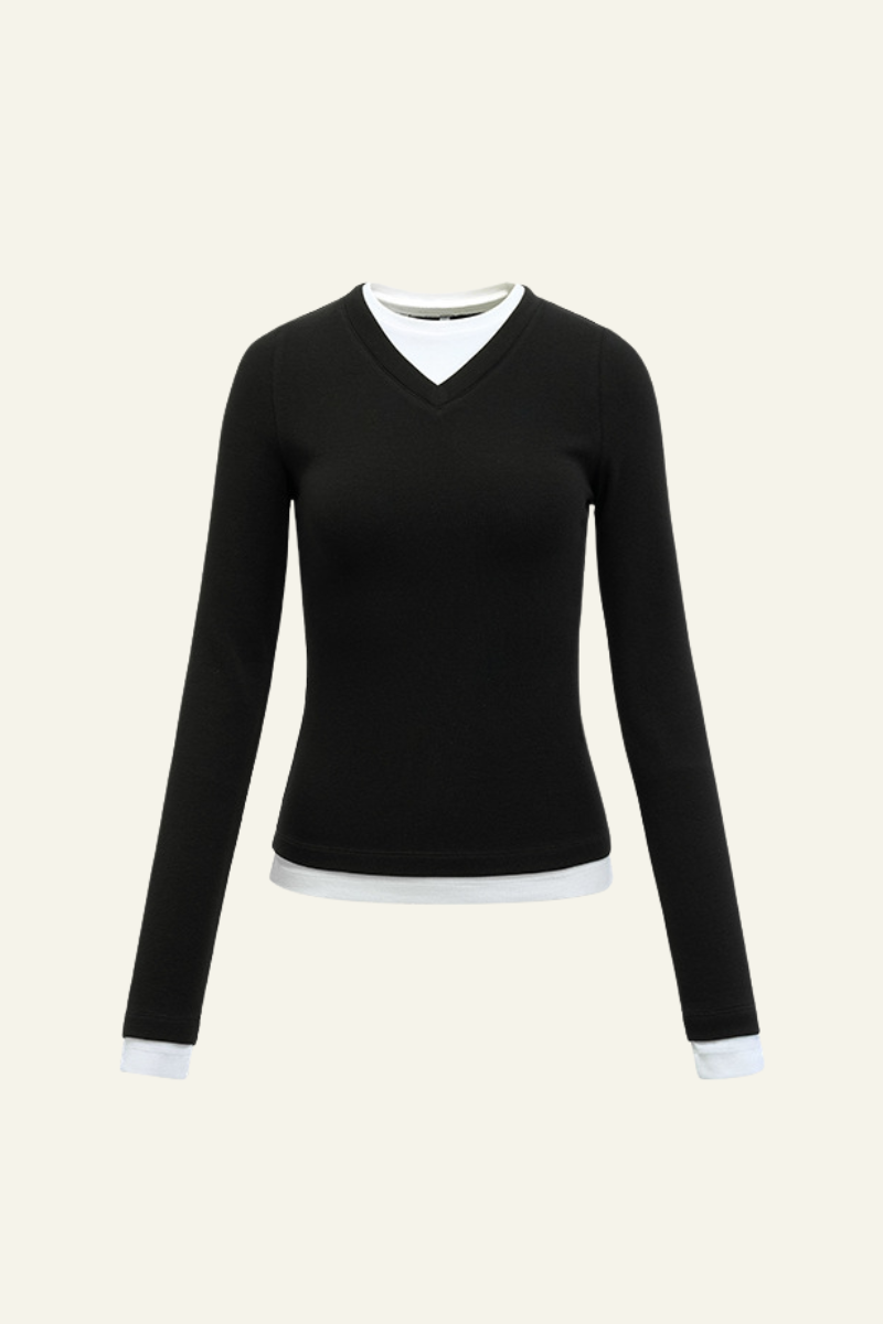 Women V-Neck Layered Long-Sleeve Knit T-Shirt