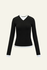 Women V-Neck Layered Long-Sleeve Knit T-Shirt