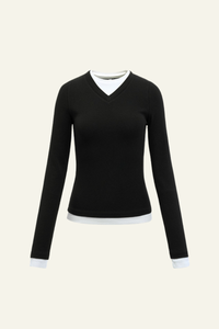Women V-Neck Layered Long-Sleeve Knit T-Shirt