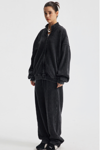 Women's Cotton Streetwear Set:Stand Collar Jacket And Wide-Leg Pant