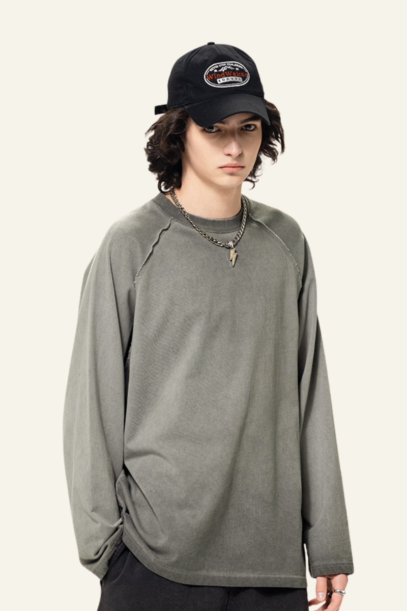 Men's  Streetwear Washed Cotton Long-Sleeved T-shirt.