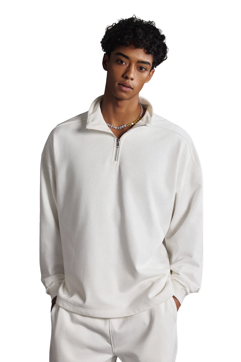 Men's Spring Summer 450g Half Zip Raw Edge Stand Collar Set
