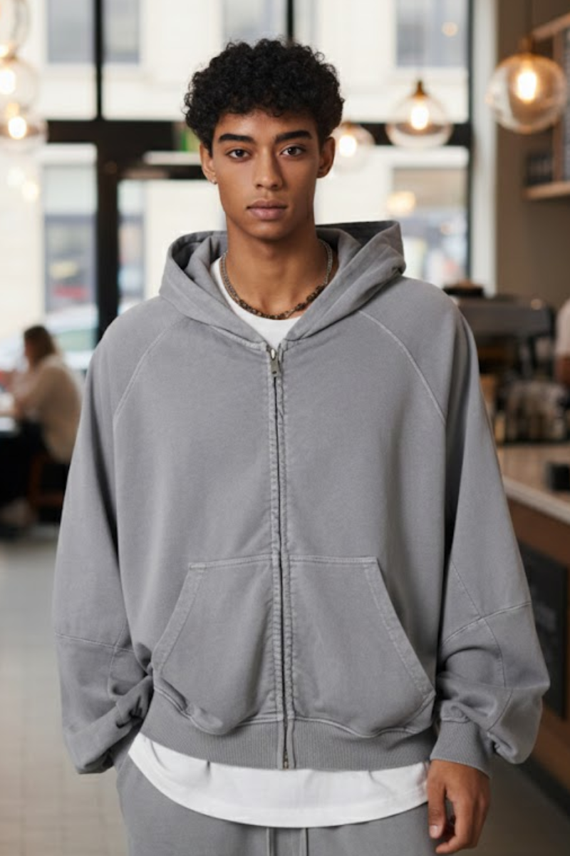 Men's  Streetwear Vintage Washed Full Zipper Hooded Jacket.