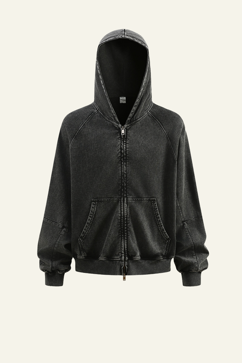 Men's  Streetwear Vintage Washed Full Zipper Hooded Jacket.