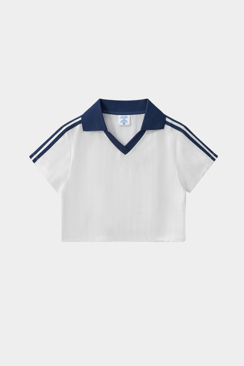 Color-blocked collegiate-style short T-shirt
