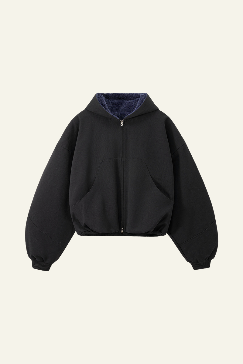 Men's Short-length Plush-lined Full-zipper Jacket.