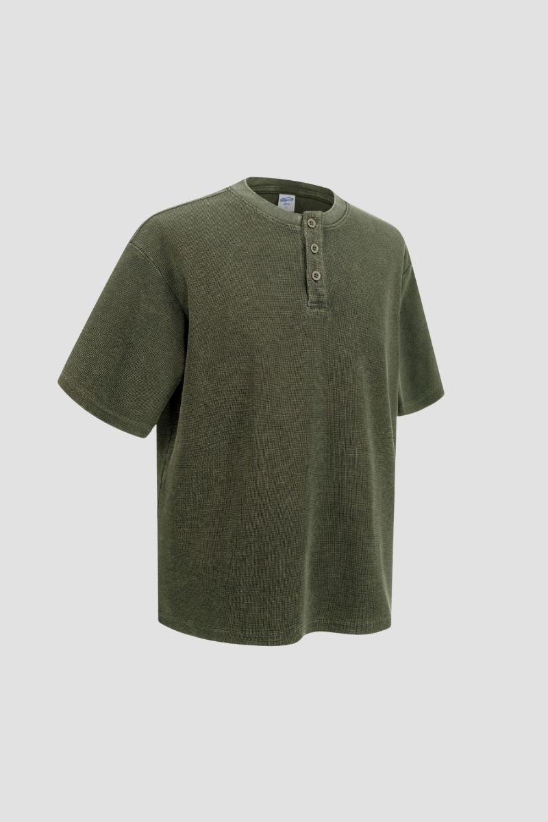 Women's Streetwear Washed Henley Collar Distressed T-shirt