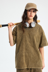 Women's Cotton Streetwear Wax-Dyed Washed Distressed T-shirt