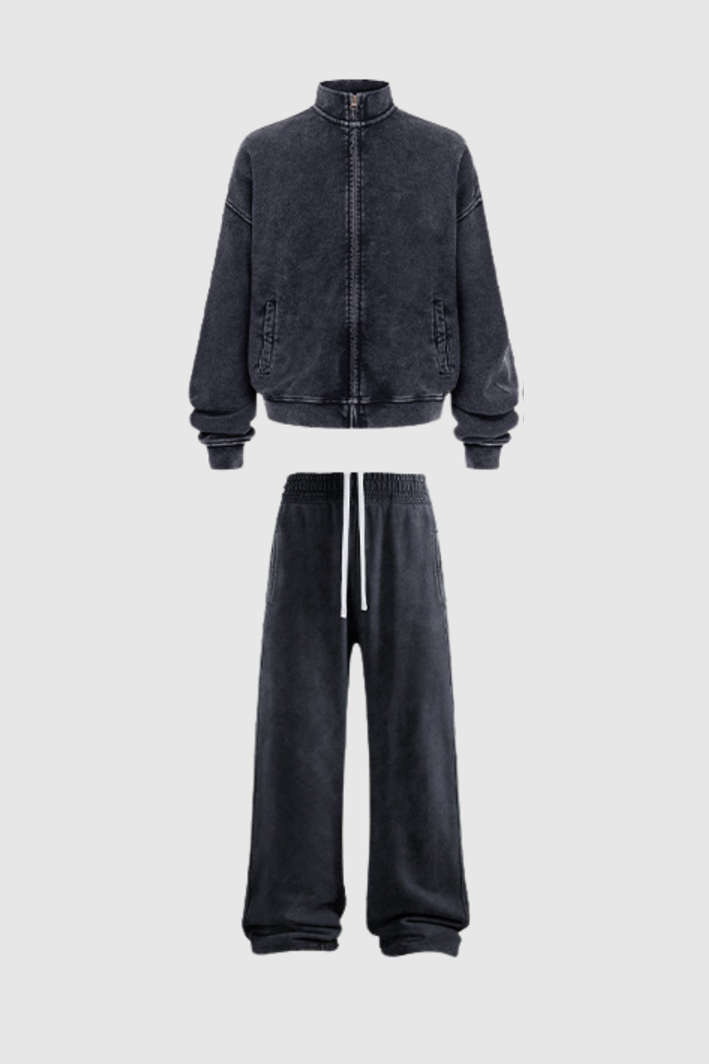 Women's Cotton Streetwear Set:Stand Collar Jacket And Wide-Leg Pant