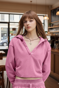 Women's Washed Loose Edged Pleated V-Neck Cotton Hoodie