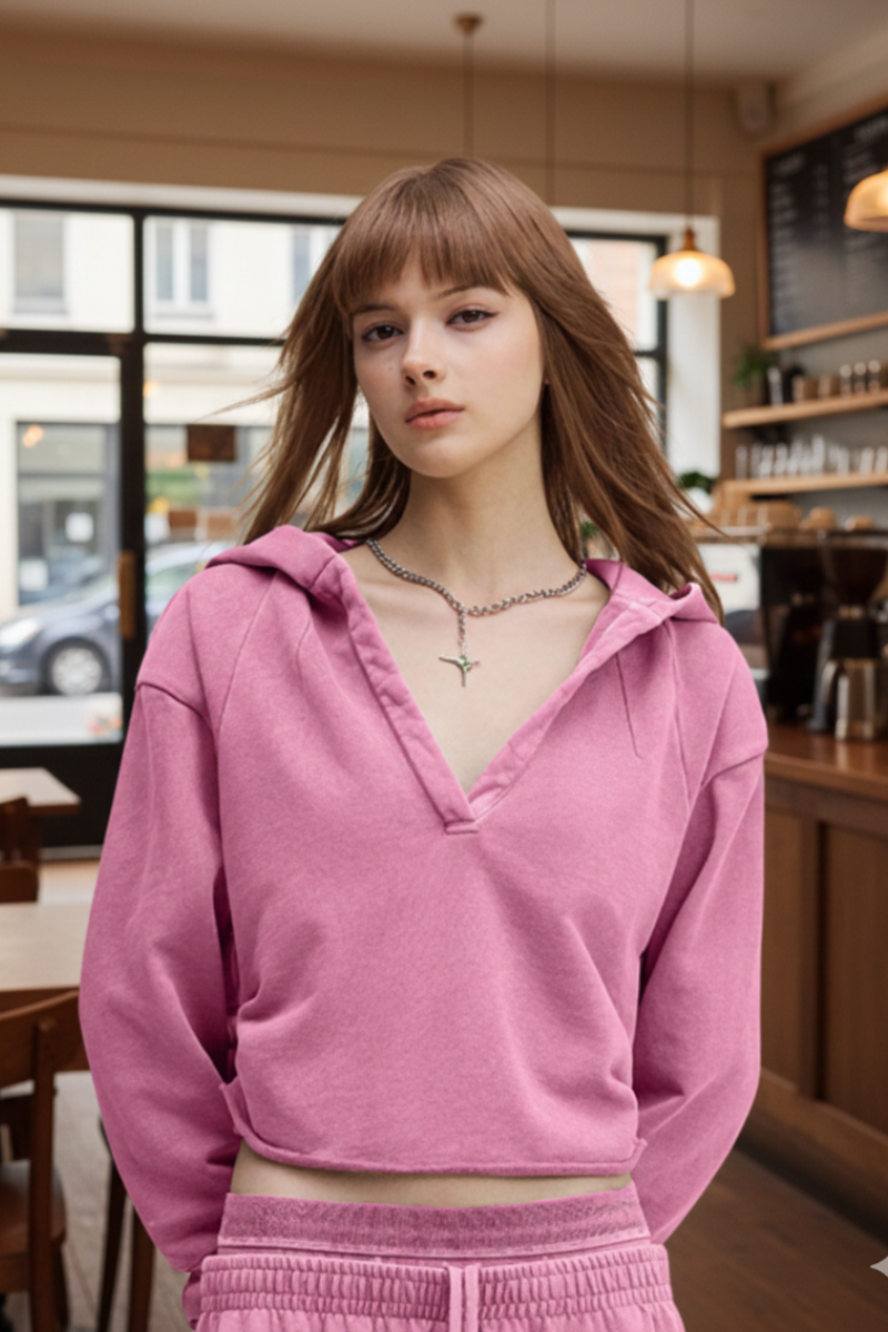 Women's Washed Loose Edged Pleated V-Neck Cotton Hoodie