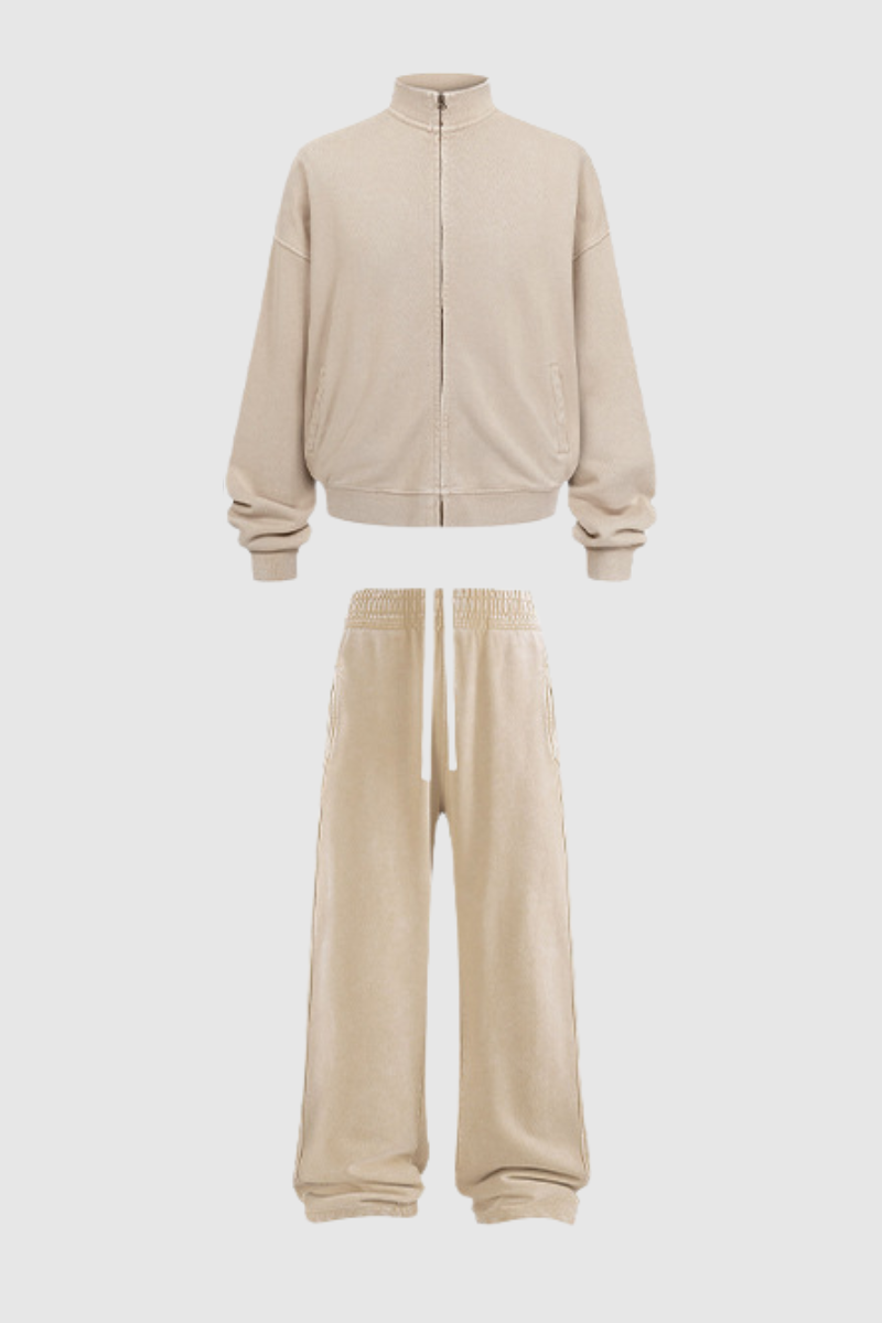 Women's Cotton Streetwear Set:Stand Collar Jacket And Wide-Leg Pant