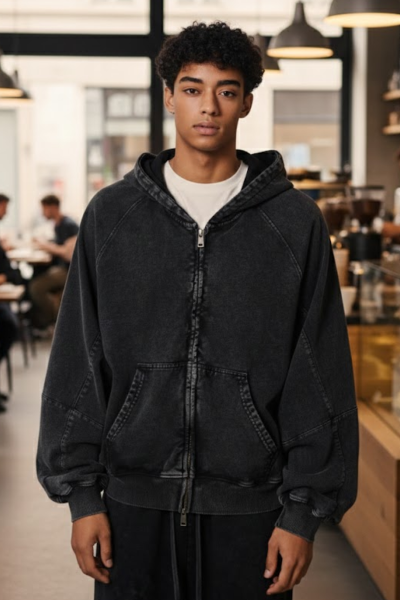 Men's  Streetwear Vintage Washed Full Zipper Hooded Jacket.