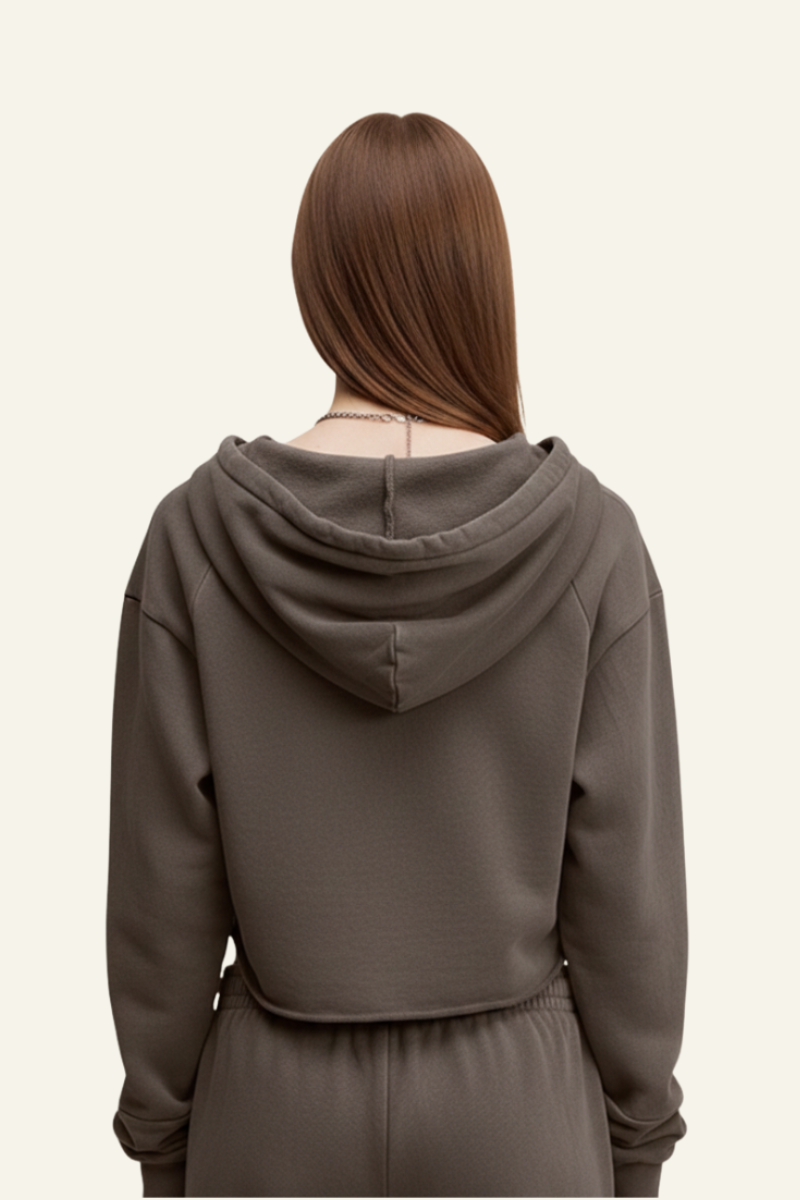Women's Washed Loose Edged Pleated V-Neck Cotton Hoodie