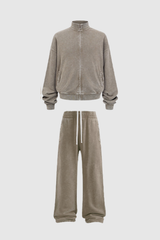 Women's Cotton Streetwear Set:Stand Collar Jacket And Wide-Leg Pant