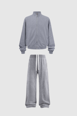 Women's Cotton Streetwear Set:Stand Collar Jacket And Wide-Leg Pant