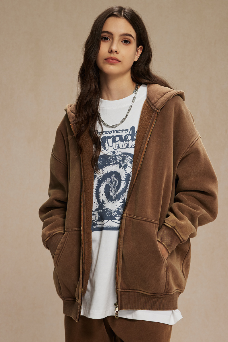 Women's Streetwear Wax-Dyed Vintage Solid Hooded Jacket