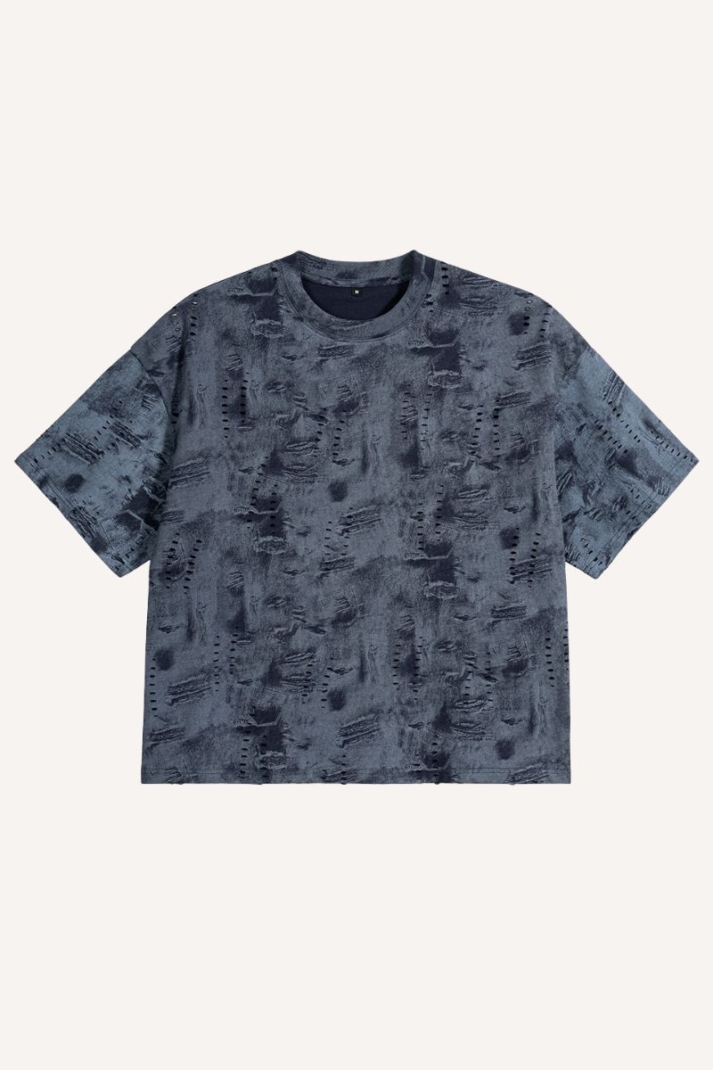 Unisex 260g Distressed Denim Hole Texture Boxy Tee
