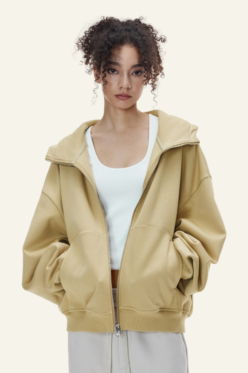 Women's   Streetwear Curved-Sleeve Boxy Hooded Jacket