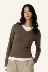 Women V-Neck Layered Long-Sleeve Knit T-Shirt