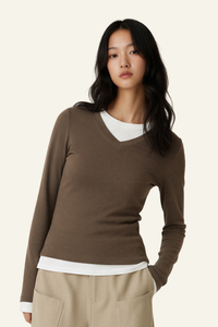 Women V-Neck Layered Long-Sleeve Knit T-Shirt