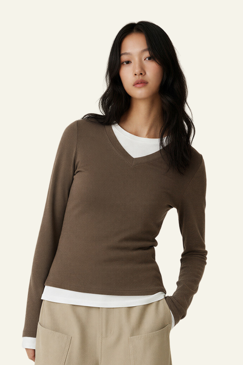 Women V-Neck Layered Long-Sleeve Knit T-Shirt