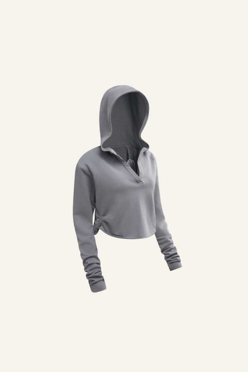 Women's Washed Loose Edged Pleated V-Neck Cotton Hoodie