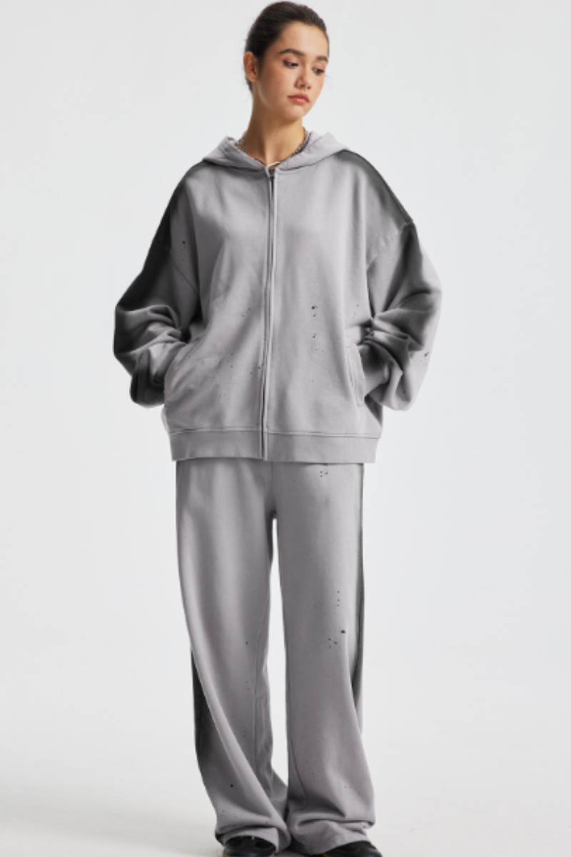 Men/Women's Unisex 430g Spray Washed Zipper Hoodie Set