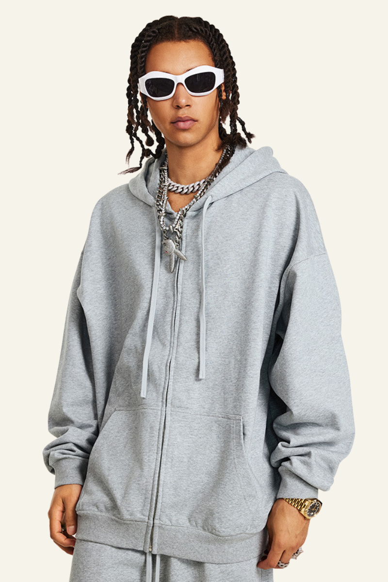 Pure color terry cloth hooded zip-up sweatshirt.