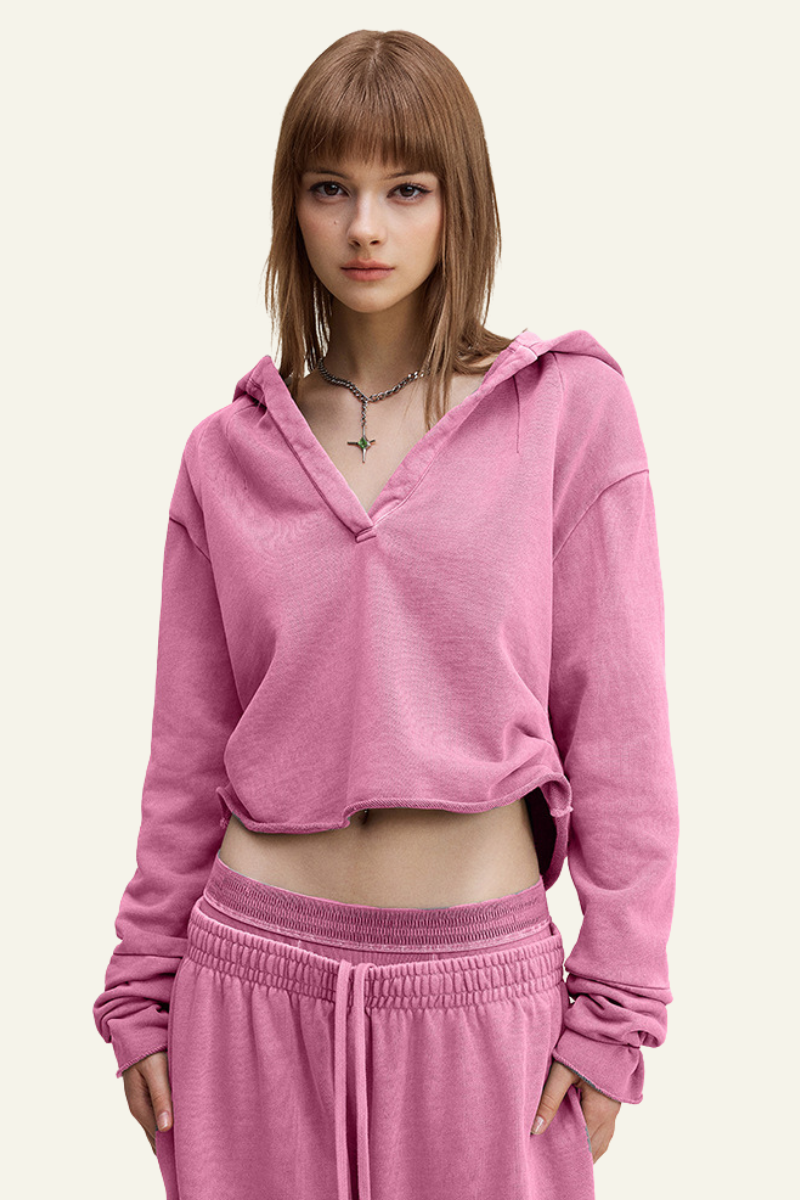 Women's Washed Loose Edged Pleated V-Neck Cotton Hoodie