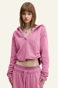 Women's Washed Loose Edged Pleated V-Neck Cotton Hoodie