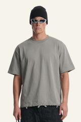 Men's Streetwear  Embroidered Raw-Edge Drop-Shoulder T-Shirt